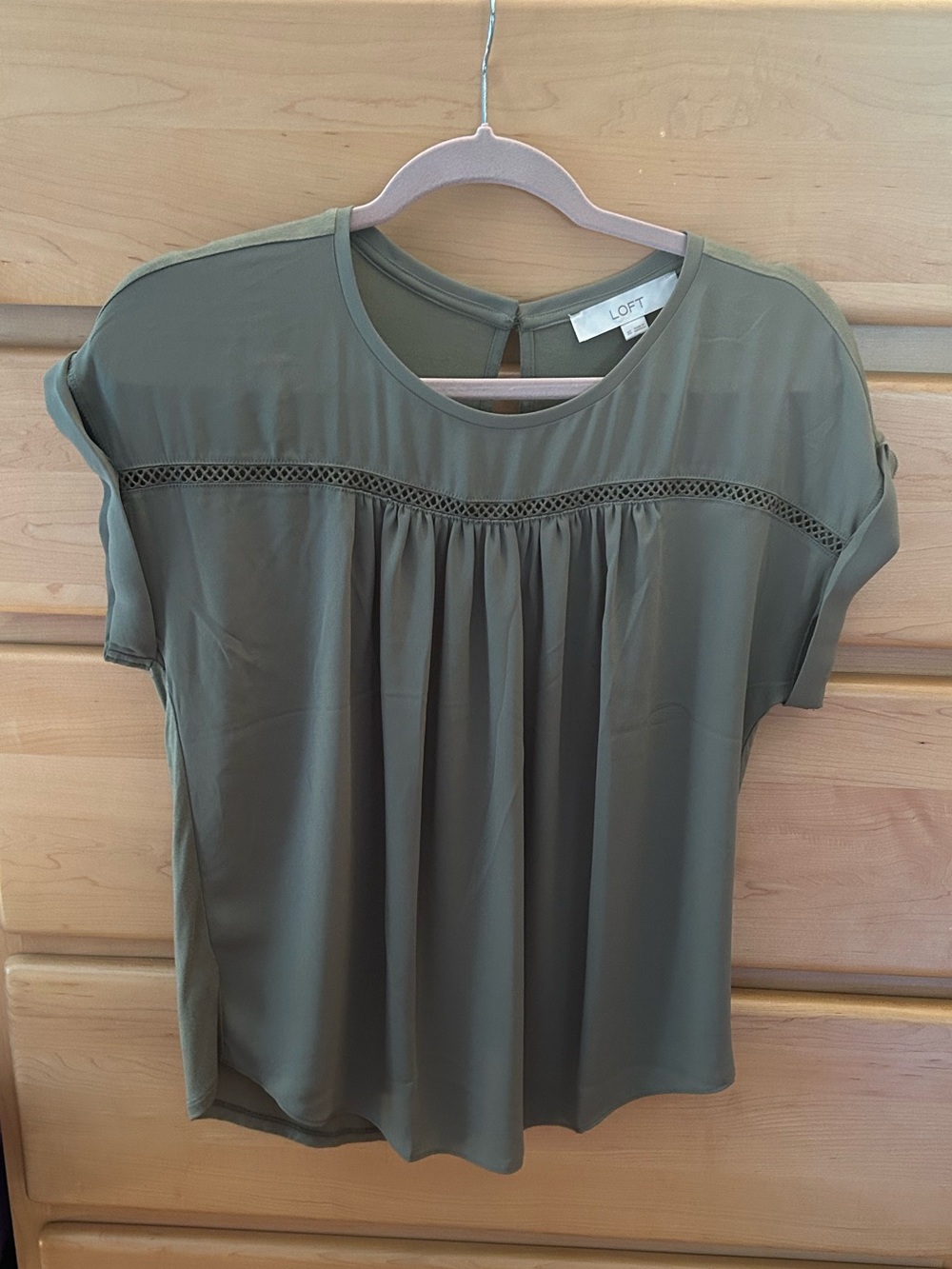 LOFT Olive Crochet Yoke Short Sleeve Blouse